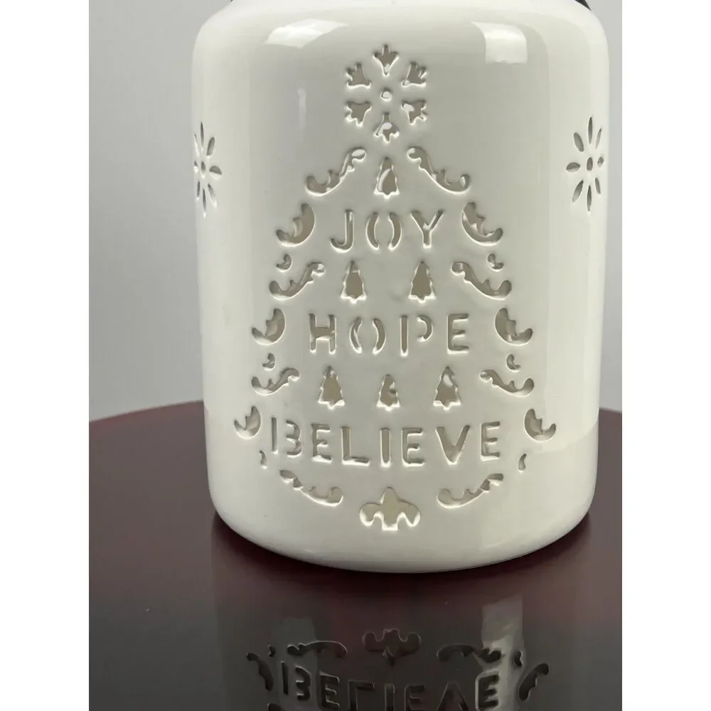 White Ceramic Christmas Lantern Cutout Tree Joy Hope Believe Luminary EUC